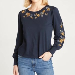 Macey Embroidered Navy Top in Golden Peony